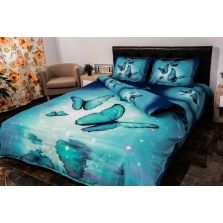Lenjerie de pat dublu 4 piese 220 x 230 cm Digital Print 3D, Albastru Fluturasi Pucioasa 
