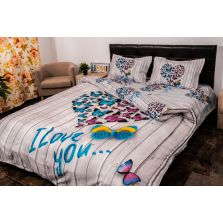 Lenjerie de pat dublu 4 piese 220 x 230 cm Digital Print 3D, Alb/Albastru Inimioara Fluturas Love Pucioasa 