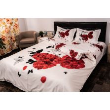 Lenjerie de pat dublu 4 piese 220 x 230 cm Digital Print 3D, Alb/Rosu Fluturas din petale Pucioasa 