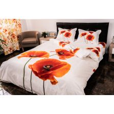 Lenjerie de pat dublu 4 piese 220 x 230 cm Digital Print 3D, Alb/Rosu Floricele Mac Pucioasa 