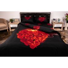 Lenjerie de pat dublu 4 piese 220 x 230 cm Digital Print 3D, Rosu/Negru Inimioara din trandafiri Pucioasa 