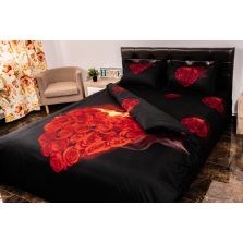 Lenjerie de pat dublu 4 piese 220 x 230 cm Digital Print 3D, Rosu/Negru Inimioara din trandafiri Pucioasa 