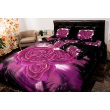 Lenjerie de pat dublu 4 piese 220 x 230 cm Digital Print 3D, Mov/Negru Trandafiri Pucioasa 