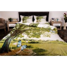Lenjerie de pat dublu 4 piese 220 x 230 cm Digital Print 3D, Alb/Verde Peisaj copac Pucioasa
