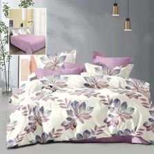 Lenjerie pat dublu Economy 4 piese, cearsaf pat 230x250 cm si pilota 200x230 cm, 2 fete perne 50x70, Frunze Crem / Lila Ralex Pucioasa 