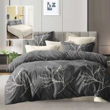 Lenjerie pat dublu Economy 4 piese, cearsaf pat 230x250 cm si pilota 200x230 cm, 2 fete perne 50x70, Crengute Bej / Negru ECN36 Ralex Pucioasa 