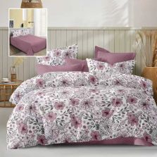 Lenjerie pat dublu Economy 4 piese, cearsaf pat 230x250 cm si pilota 200x230 cm, 2 fete perne 50x70, Imprimeu flori Roz ECN38 Ralex Pucioasa 