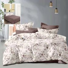 Lenjerie pat dublu Economy 4 piese, cearsaf pat 230x250 cm si pilota 200x230 cm, 2 fete perne 50x70, Flori Bej / Maro ECN41 Ralex Pucioasa 