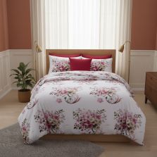 Lenjerie pat dublu ELVO 4 piese cearsaf pat 230x250 cm, pilota 200x230 cm, 2 fete perne 50x70 cm, Flori Alb / Rosu Ralex Pucioasa