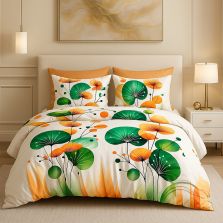 Lenjerie pat dublu ELVO 4 piese cearsaf pat 230x250 cm, pilota 200x230 cm, 2 fete perne 50x70 cm, Eleganta Portocaliu / Verde Ralex Pucioasa