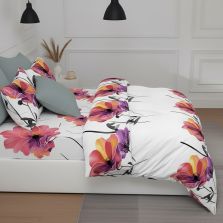 Lenjerie pat dublu ELVO 4 piese cearsaf pat 230x250 cm, pilota 200x230 cm, 2 fete perne 50x70 cm, Flori colorate Mov / Gri Ralex Pucioasa