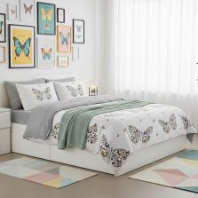 Lenjerie pat dublu ELVO 4 piese cearsaf pat 230x250 cm, pilota 200x230 cm, 2 fete perne 50x70 cm, Fluturi Alb / Gri Ralex Pucioasa