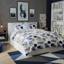 Lenjerie pat dublu ELVO 4 piese cearsaf pat 230x250 cm, pilota 200x230 cm, 2 fete perne 50x70 cm, Cercuri Crem / Albastru Ralex Pucioasa