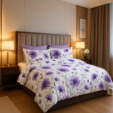 Lenjerie pat dublu ELVO 4 piese cearsaf pat 230x250 cm, pilota 200x230 cm, 2 fete perne 50x70 cm, Floricele Alb / Mov Ralex Pucioasa