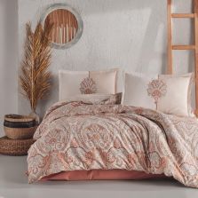 Lenjerie pat dublu Bumbac 100% Ranforce 4 piese extra large, cearsaf pat 240x260 cm, pilota 200x220 cm, 2 fete perne 50x70 cm, Portocaliu ALAVA