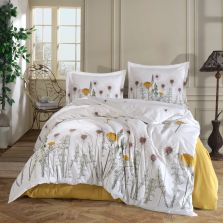 Lenjerie pat dublu Bumbac 100% Ranforce 4 piese extra large, cearsaf pat 240x260 cm, pilota 200x220 cm, 2 fete perne 50x70 cm, Alb / Galben DIBA