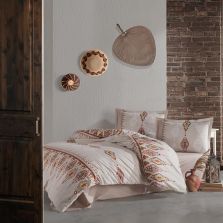 Lenjerie pat dublu Bumbac 100% Ranforce 4 piese extra large, cearsaf pat 240x260 cm, pilota 200x220 cm, 2 fete perne 50x70 cm, Bej ETHNICA