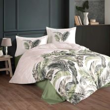 Lenjerie pat dublu Bumbac 100% Ranforce 4 piese extra large, cearsaf pat 240x260 cm, pilota 200x220 cm, 2 fete perne 50x70 cm, Alb / Verde HENA V2