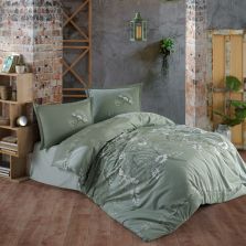 Lenjerie pat dublu Bumbac 100% Ranforce 4 piese extra large, cearsaf pat 240x260 cm, pilota 200x220 cm, 2 fete perne 50x70 cm, Verde MOHANA V1