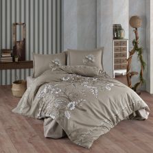 Lenjerie pat dublu Bumbac 100% Ranforce 4 piese extra large, cearsaf pat 240x260 cm, pilota 200x220 cm, 2 fete perne 50x70 cm, Bej MOHANA V2