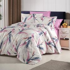 Lenjerie pat dublu Bumbac 100% Ranforce 4 piese extra large, cearsaf pat 240x260 cm, pilota 200x220 cm, 2 fete perne 50x70 cm, Roz / Albastru RNF_15