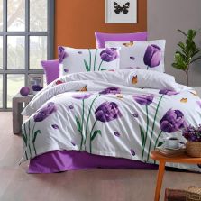 Lenjerie pat dublu Bumbac 100% Ranforce 4 piese extra large, cearsaf pat 240x260 cm, pilota 200x220 cm, 2 fete perne 50x70 cm, Alb / Mov RNF_17