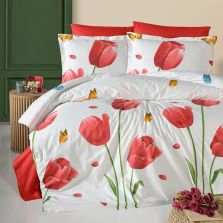 Lenjerie pat dublu Bumbac 100% Ranforce 4 piese extra large, cearsaf pat 240x260 cm, pilota 200x220 cm, 2 fete perne 50x70 cm, Alb / Rosu RNF_25