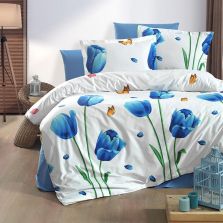 Lenjerie pat dublu Bumbac 100% Ranforce 4 piese extra large, cearsaf pat 240x260 cm, pilota 200x220 cm, 2 fete perne 50x70 cm, Alb / Albastru RNF_30