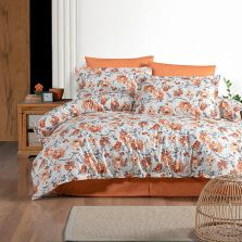 Lenjerie pat dublu Bumbac 100% Ranforce 4 piese extra large, cearsaf pat 240x260 cm, pilota 200x220 cm, 2 fete perne 50x70 cm, Albastru / Portocaliu RNF_32