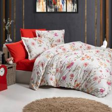 Lenjerie pat dublu Bumbac 100% Ranforce 4 piese extra large, cearsaf pat 240x260 cm, pilota 200x220 cm, 2 fete perne 50x70 cm, Rosu / Alb RNF_35