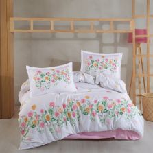 Lenjerie pat dublu Bumbac 100% Ranforce 4 piese extra large, cearsaf pat 240x260 cm, pilota 200x220 cm, 2 fete perne 50x70 cm, Alb/Roz ROSELIN