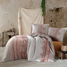 Lenjerie pat dublu Bumbac 100% Ranforce 4 piese extra large, cearsaf pat 240x260 cm, pilota 200x220 cm, 2 fete perne 50x70 cm, Bej / Portocaliu URBAN