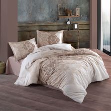 Lenjerie pat dublu Bumbac 100% Ranforce 4 piese extra large, cearsaf pat 240x260 cm, pilota 200x220 cm, 2 fete perne 50x70 cm, Bej ZETA