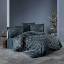 Lenjerie pat premium Lux Satin 100% Bumbac, 4 piese king size, cearsaf 240x260 cm, pilota 200x220 cm, 2 fete perne 50x70 cm, Albastru Elegant, Moyo V2