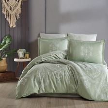 Lenjerie pat premium Lux Satin 100% Bumbac, 4 piese king size, cearsaf 240x260 cm, pilota 200x220 cm, 2 fete perne 50x70 cm, Verde Elegant, Rovi V2