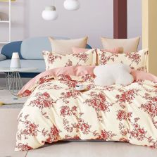 Lenjerie de pat dublu king size Percalle imprimat Bumbac 100% 6 piese cearsaf pat 240x260 cm, pilota 200x230 cm, 2 fete perne 50x70 cm, 2 fete perne 70x70 cm Crengute Roz / Crem, Pucioasa