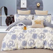 Lenjerie de pat dublu king size Percalle imprimat Bumbac 100% 6 piese cearsaf pat 240x260 cm, pilota 200x230 cm, 2 fete perne 50x70 cm, 2 fete perne 70x70 cm Eleganta Crem / Albastru, Pucioasa