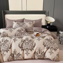 Lenjerie de pat dublu king size Percalle imprimat Bumbac 100% 6 piese cearsaf pat 240x260 cm, pilota 200x230 cm, 2 fete perne 50x70 cm, 2 fete perne 70x70 cm Imprimeu Elegant Maro, Pucioasa