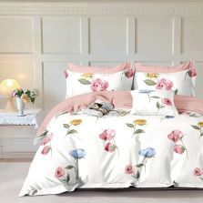 Lenjerie pat dublu extra large Percalle imprimat Bumbac 100%, 6 piese, cearsaf pat 240x260 cm, pilota 200x230 cm, 2 fete perna 50x70 cm si 70x70 cm, Trandafiri Alb / Roz, Pucioasa PRC194