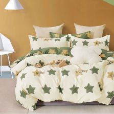 Lenjerie de pat dublu king size Percalle imprimat Bumbac 100% 6 piese cearsaf pat 240x260 cm, pilota 200x230 cm, 2 fete perne 50x70 cm, 2 fete perne 70x70 cm Stelute Galben / Verde, Pucioasa