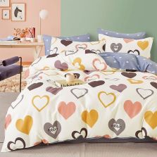 Lenjerie de pat dublu king size Percalle imprimat Bumbac 100% 6 piese cearsaf pat 240x260 cm, pilota 200x230 cm, 2 fete perne 50x70 cm, 2 fete perne 70x70 cm Inimioare Galben / Albastru, Pucioasa