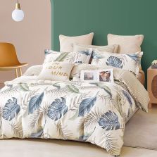 Lenjerie de pat dublu king size Percalle imprimat Bumbac 100% 6 piese cearsaf pat 240x260 cm, pilota 200x230 cm, 2 fete perne 50x70 cm, 2 fete perne 70x70 cm Frunze exotice Bej / Albastru, Pucioasa