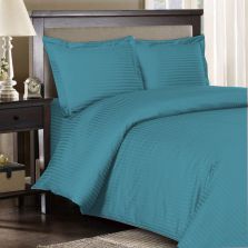 Lenjerie de pat dublu Damasc Bumbac 100% HoReCa gros cu dunga 1 cm, 4 piese, cearsaf pat 220x240 cm, cearsaf pilota 200x220 cm, 2 fete perne 50x70cm Turcoaz 