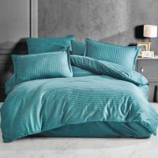 Lenjerie de pat dublu king size Damasc linear Bumbac 100% tip Hotel cu dunga 1 cm, 4 piese, cearsaf pat 240x260 cm, cearsaf pilota 200x230 cm, 2 fete perna 50x70 cm Turcoaz 