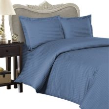 Lenjerie de pat dublu Damasc Policoton dunga 1 cm, 4 piese, cearsaf pat 220x230 cm, cearsaf pilota 180x220 cm, Bleu, Pucioasa 