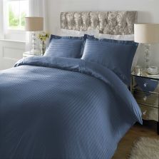 Lenjerie de pat dublu king size Damasc Policoton dunga 1 cm, 4 piese, cearsaf pat 230x260 cm, cearsaf pilota 200x220 cm, Bleu, Pucioasa 