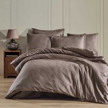 Lenjerie pat dublu Jacquard 100% Bumbac 6 piese, cearsaf pat 240x260 cm, pilota 200x220 cm, 2 fete perne 50x70 si 70x70 cm, Clasy, Maro SADRA