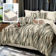 Lenjerie pat dublu Finet Bumbac 6 piese cu husa saltea 160x200 sau 180x200 cm, pilota 200x230 cm, 2 fete perna 50x70 si 70x70 cm, Bej-Verde, Pucioasa ALMA