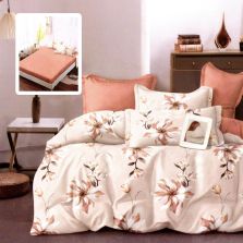 Lenjerie pat dublu Finet Bumbac 6 piese cu husa saltea 160x200 sau 180x200 cm, pilota 200x230 cm, 2 fete perna 50x70 si 70x70 cm, Bej / Portocaliu, Pucioasa CAMILA VH