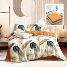 Lenjerie pat dublu Finet Bumbac 6 piese cu husa saltea 160x200 sau 180x200 cm, pilota 200x230 cm, 2 fete perna 50x70 si 70x70 cm, Crem / Portocaliu, Pucioasa GIANNA VH